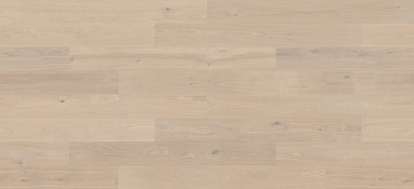Powder White Oak engineered hardwood from Woodura Bjelin's Baltic Collection, featuring a character grade and Uniclic® locking.