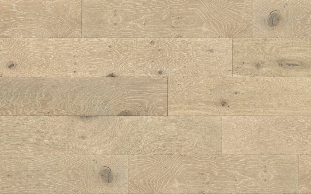 DM Artisan Home engineered hardwood in Seashell, European Oak, with a 4mm wear layer and wire-brushed finish for durable flooring.