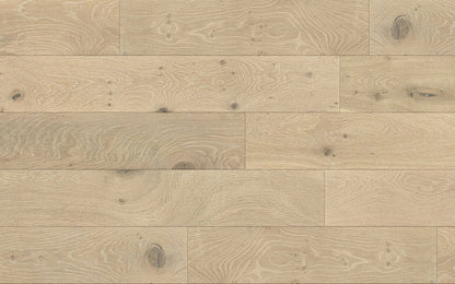 DM Artisan Home engineered hardwood in Seashell, European Oak, with a 4mm wear layer and wire-brushed finish for durable flooring.