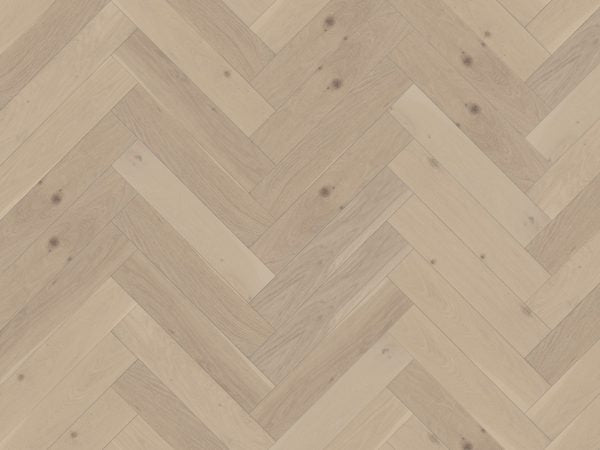 Engineered hardwood flooring from Duchateau's Terra Collection in Taiga color, European Oak, herringbone design, 5/8” x 5” x 24”.