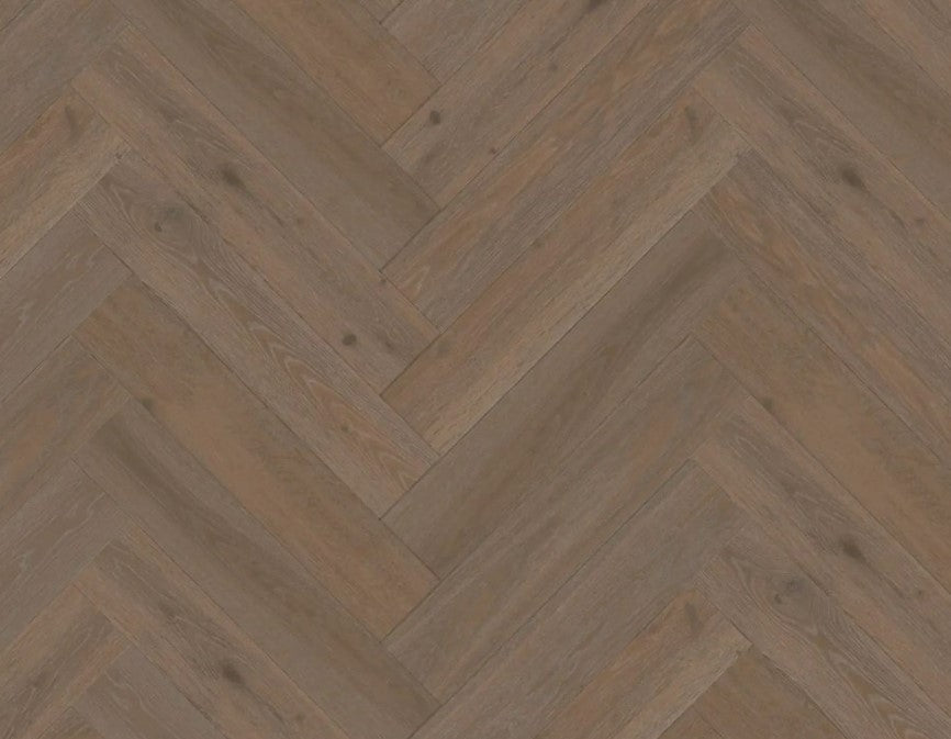 Engineered hardwood flooring from Duchateau's Terra Collection Herringbone in Montane, European Oak, 5/8” x 5 x 24”.