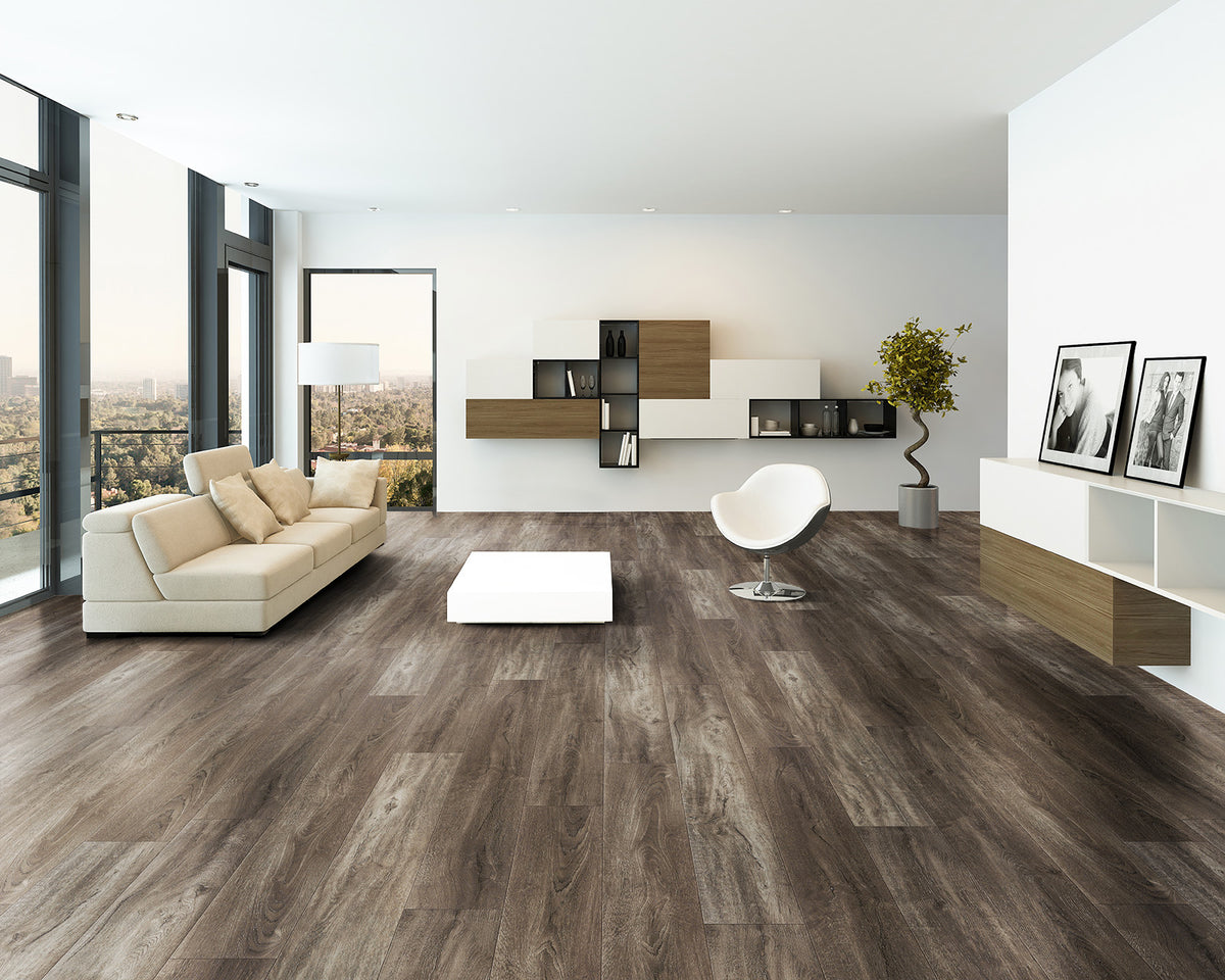 LW Flooring Riverstone Moonstone Creek luxury vinyl plank, room scene.