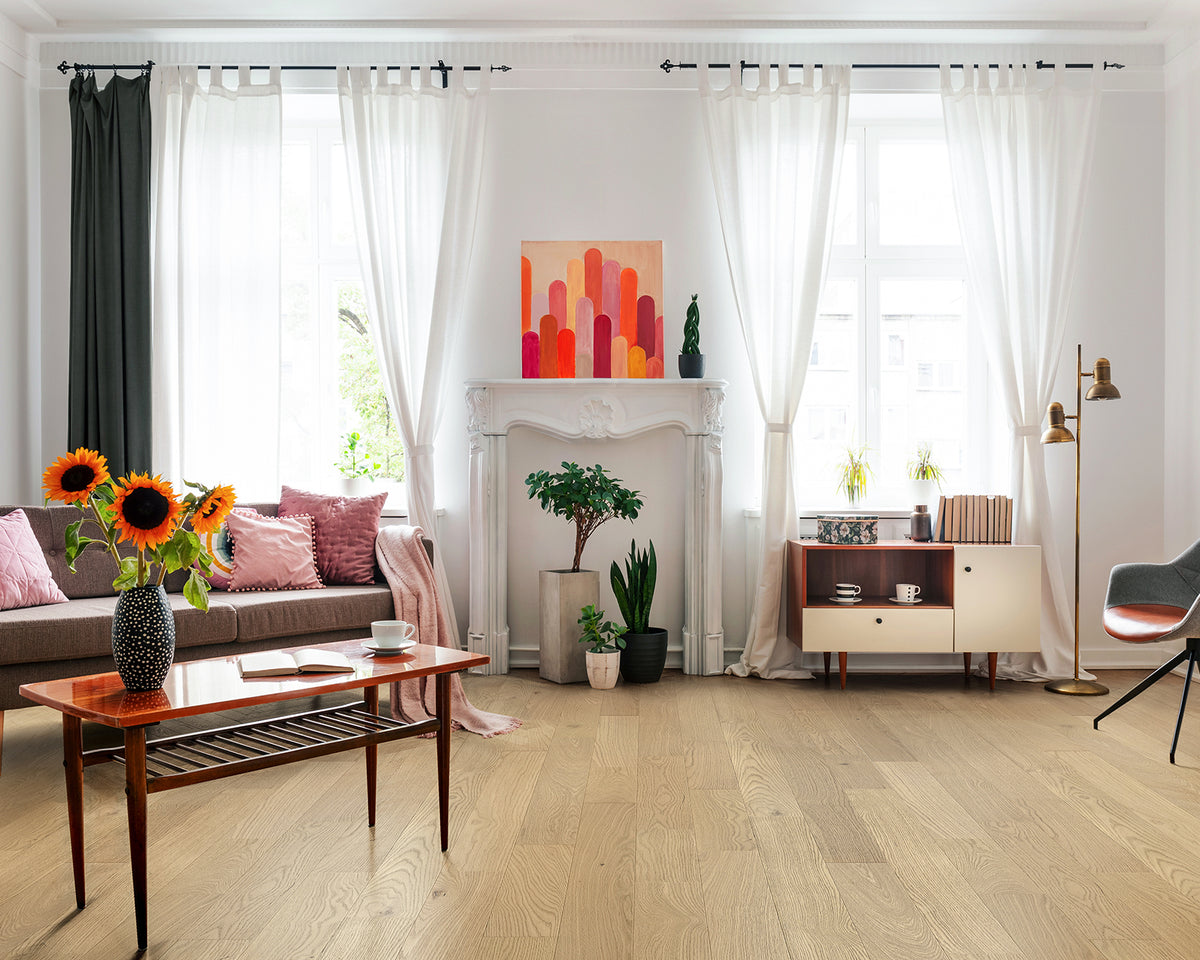 LW Flooring Traditions Latte engineered hardwood, room scene.