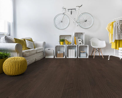 LW Flooring Traditions Wild Blackberry engineered hardwood, room scene.