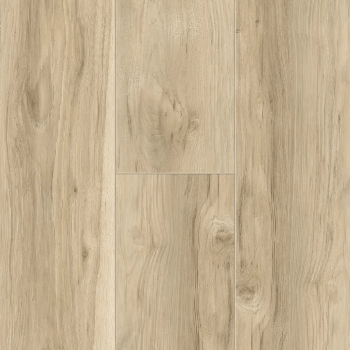 Natural Pecan Oak Wood Poly Composite flooring by Titan Surfaces, Essentials Collection, 8mm x 9x60, durable 22mil wear layer.