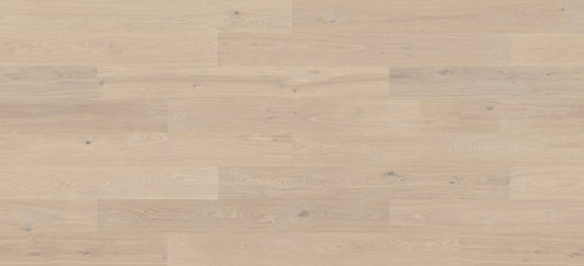 Powder White Oak engineered hardwood from Woodura Bjelin's Baltic Collection, featuring a character grade and Uniclic® locking.