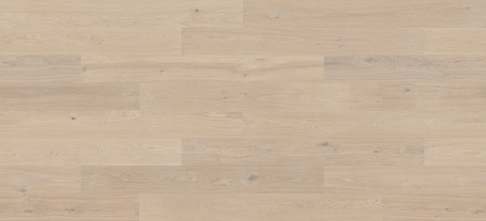 Powder White Oak engineered hardwood from Woodura Bjelin's Baltic Collection, featuring a character grade and Uniclic® locking.
